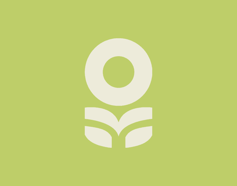 Cream geometric flower logo on a lime green background