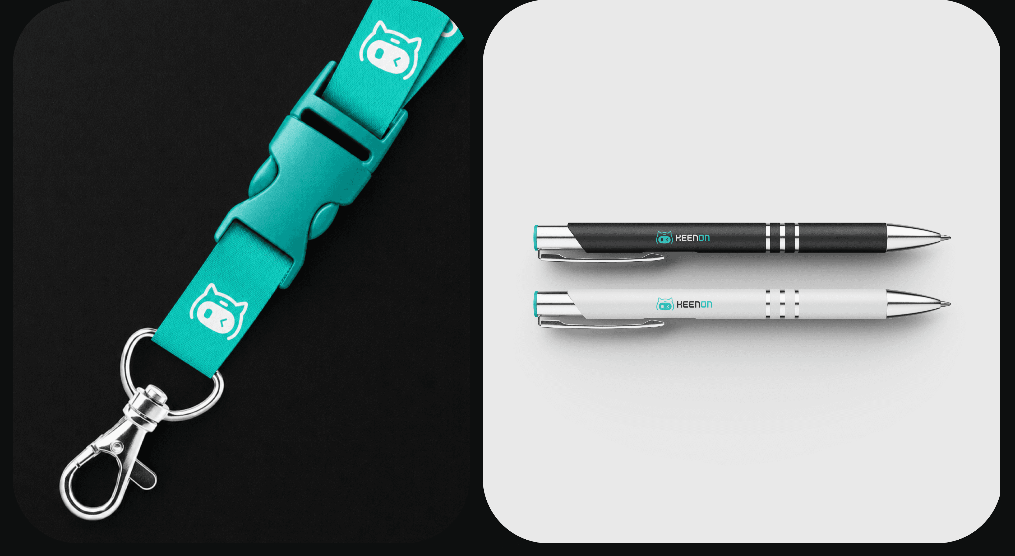 KEENON branded keychain and pen applications