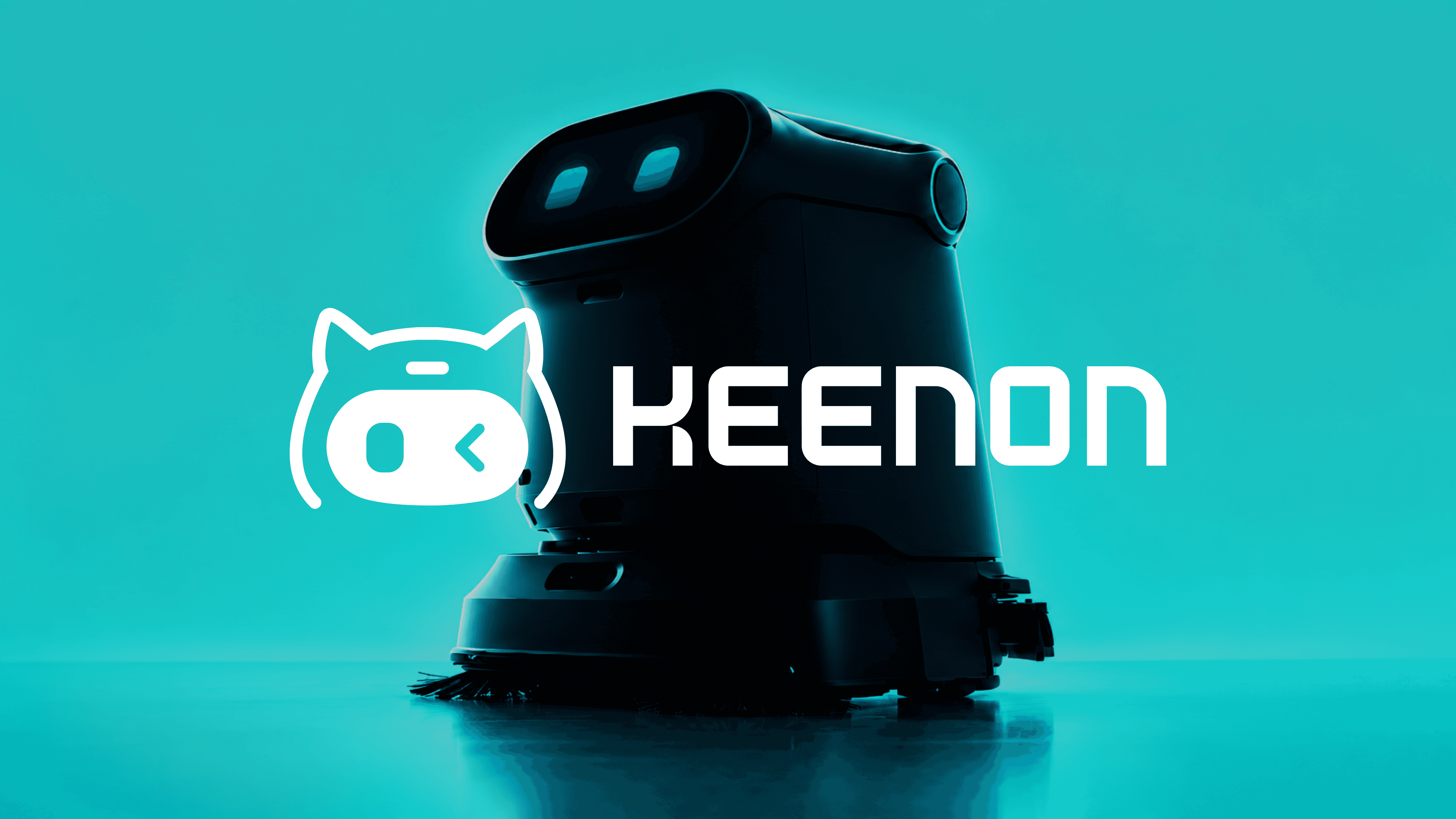 KEENON service robot and white brand mark on a turquoise background