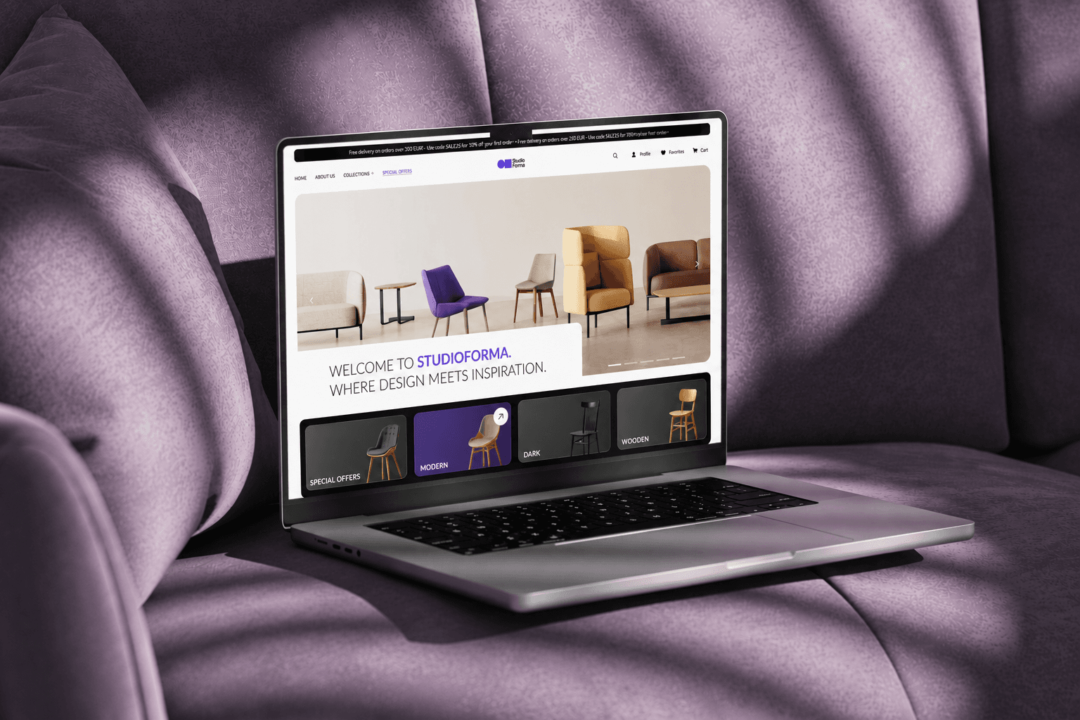 StudioForma interiors website on a laptop resting on a lavender sofa